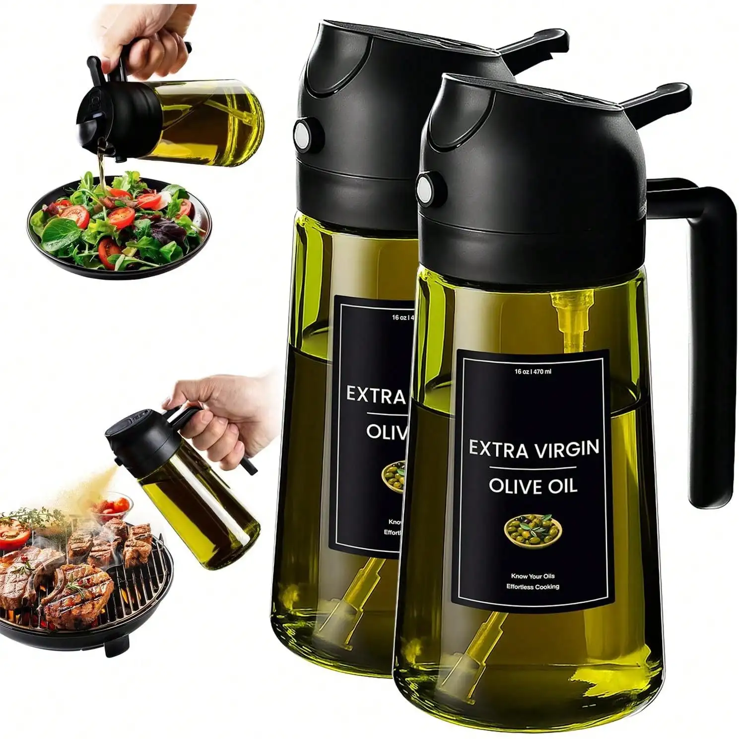 2-In-1 Glass Olive Oil Sprayer Bottle With Dispenser, 16oz Cooking Oil Spray Bottle With Labels For Kitchen, Air Fryer, Salad, BBQ & Baking, Easy Pour Oil Container