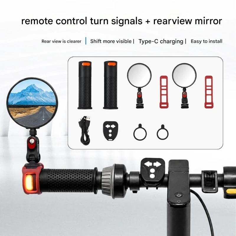 Rear View Mirror Form with Grip Pair and Turn Light, USB Cable, Round Frame for Two-Wheel Daily Use