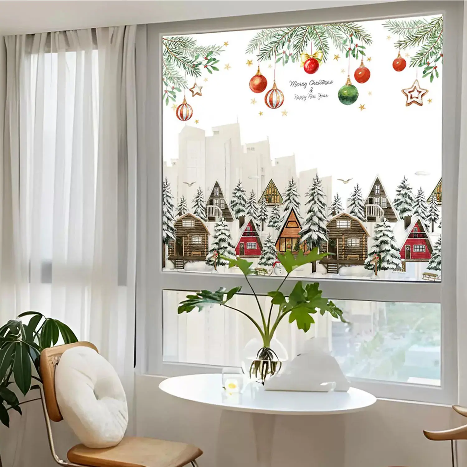 Doppelseitiger Weihnachts-Fensteraufkleber, Kiefernzweig, Weihnachtskugel, Sterne, Schneemann, statische Aufkleber, wiederverwendbare Glasfolie für Heimdekoration