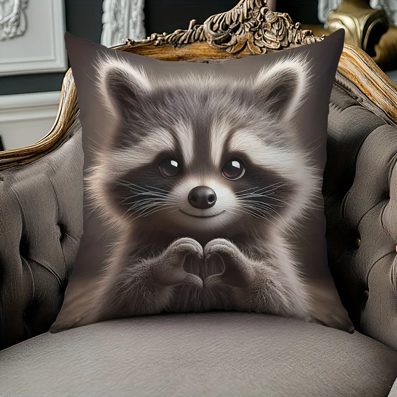 Adorable Raccoon Heart Gesture Pillow Cover for Cozy Home Decor and Comfortable Sofa Cushion, Perfect Unique Gift