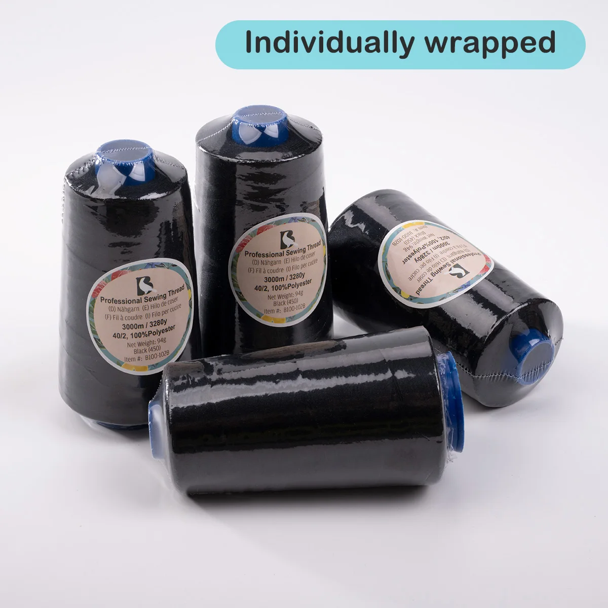 Black Sewing Thread 100% Polyester 3000 meters/3280 Yards/Spool of Yarn, 4pcs(12000m/13120yds)/Pack