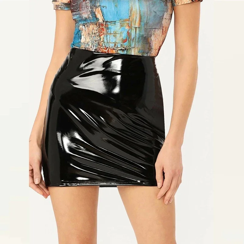 Black Latex Leather Mini Skirt Lady Office PVC Skinny Pencil Skirts Sexy High Waist Skirts Short Women Bodycon Clubwear Custom