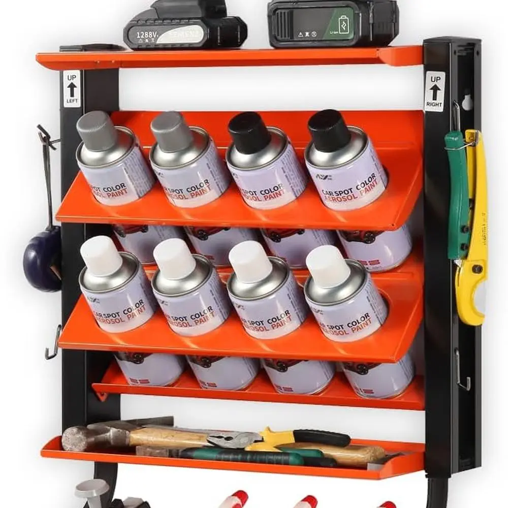 

Сверхмощный настенный органайзер для банок с краской и смазкой с 8 отверстиями и 2 полками для хранения в гараже и дома.