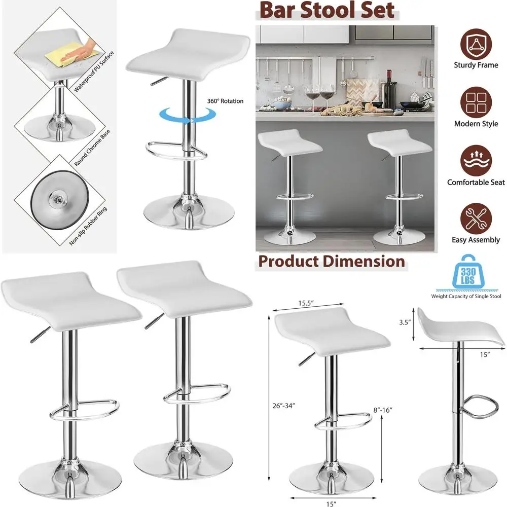 

Adjustable Swivel PU Leather Bar Stools Set of 2 with Footrest, Chrome Base, Hydraulic Lift, Suitable for Kitchen Island or Dini