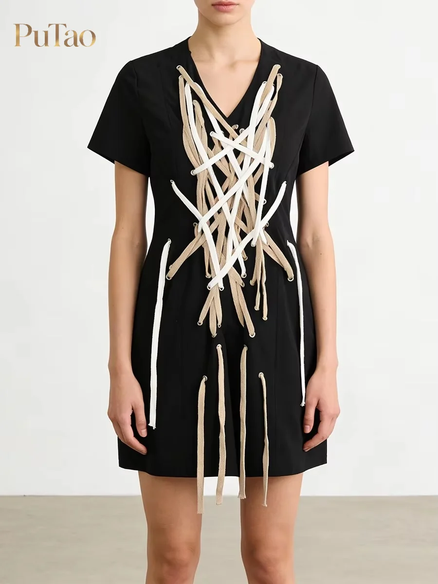 PuTao Women V Neck Short Sleeve Mini Dress Color Contrast Cross Bandage Tassel Slim Black Dress Streetwear Designer Party