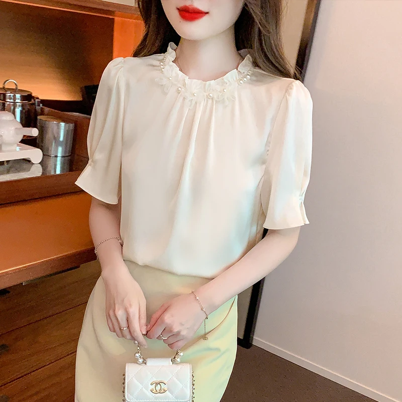 

Модная Летняя женская блузка с коротким рукавом и оборками, Повседневная шифоновая блузка, рубашка, женские топы, модные женские блузки, лето 2024, J763