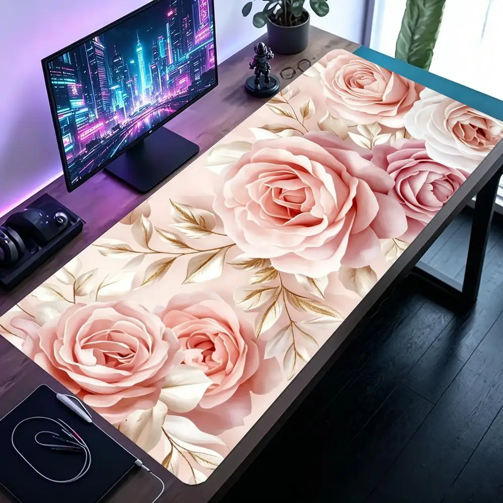 Beige Rose Cluster Mouse Pad Stitched Edges Smooth Cloth Surface Desk Mat For Office Desk Decor