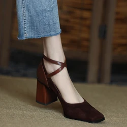 Woman Retro Pumps Leather Sheepsuede Ladies Shoes Square Toe French Style Pumps Spring Autum Thick Heeled Women Shoes 6.5CM