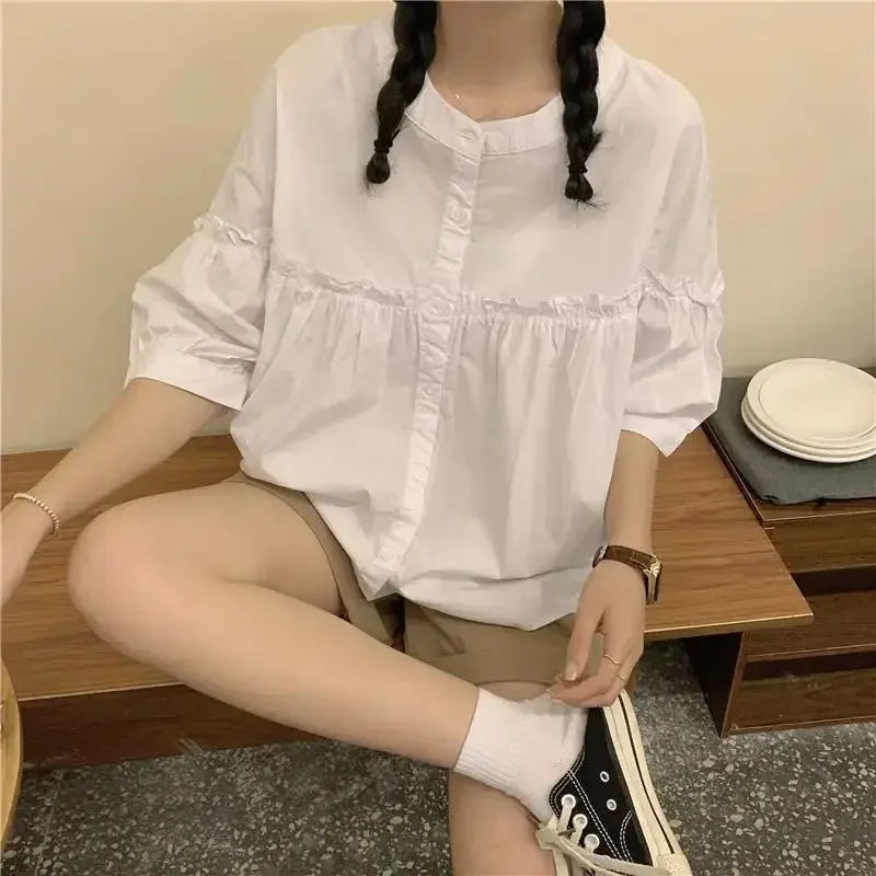 Spring and Summer Korean Edition Reduced Age Casual Loose Fit Round Neck Versatile Sweet Fluffy Single Breasted Doll Shirt V10