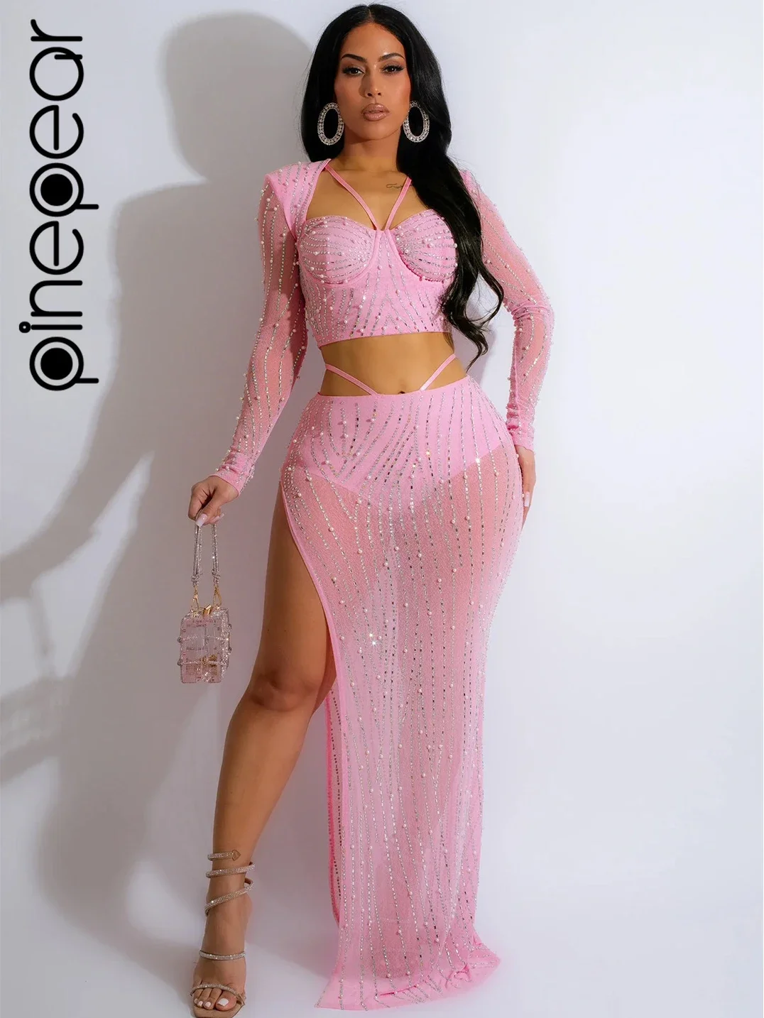 PinePear 2024 Luxury Diamonds Rhinestones Mesh Patchwork Tops and High Side Split Maxi Skirts 2 Piece Sets Women Club Outfits