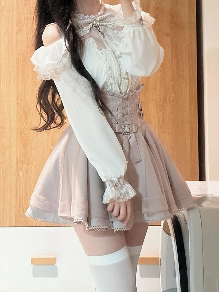 اليابانية أنيقة خمر قطعتين مجموعات Bowknot قبالة الكتف القمم عالية الخصر ميدي تنورة المرأة 2025 الخريف موضة وتتسابق #2