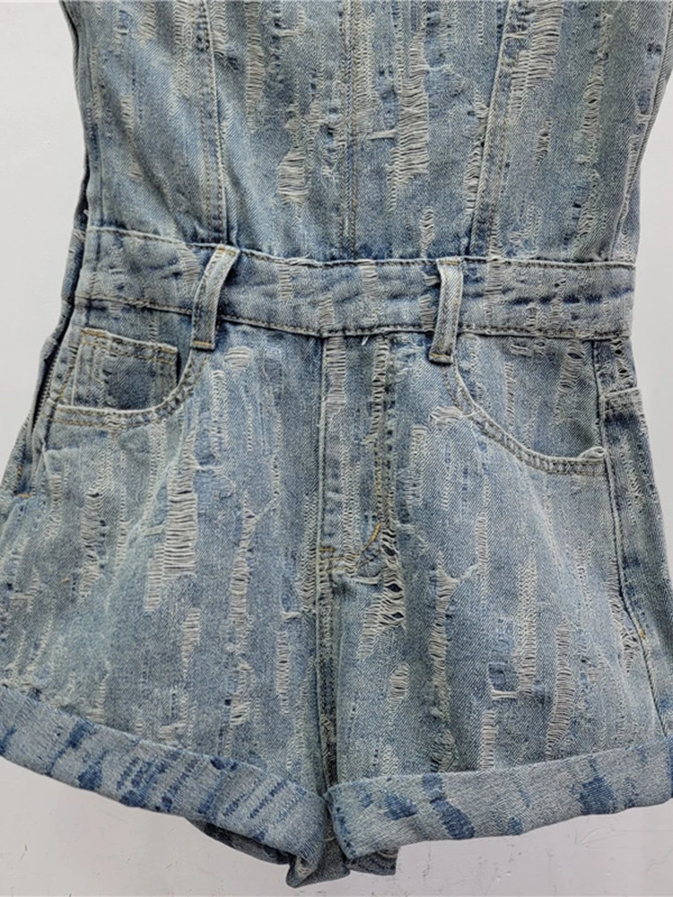 DEAT Trendy New Denim Playsuits For Women Single Shoulder Backless Sleeveless Pockets Design Rompers Female 2024 Summer 11A0241