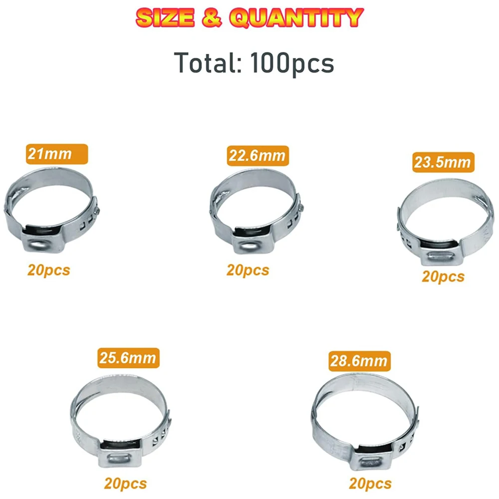100 Stück Einohr-Schlauchklemmen in 5 Größen, 21-28,6 mm, stufenlos verstellbar, 304 Edelstahl Pex-Crimpringe-Set, Sortiment an Crimp-Schlauchklemmen – Detail 2