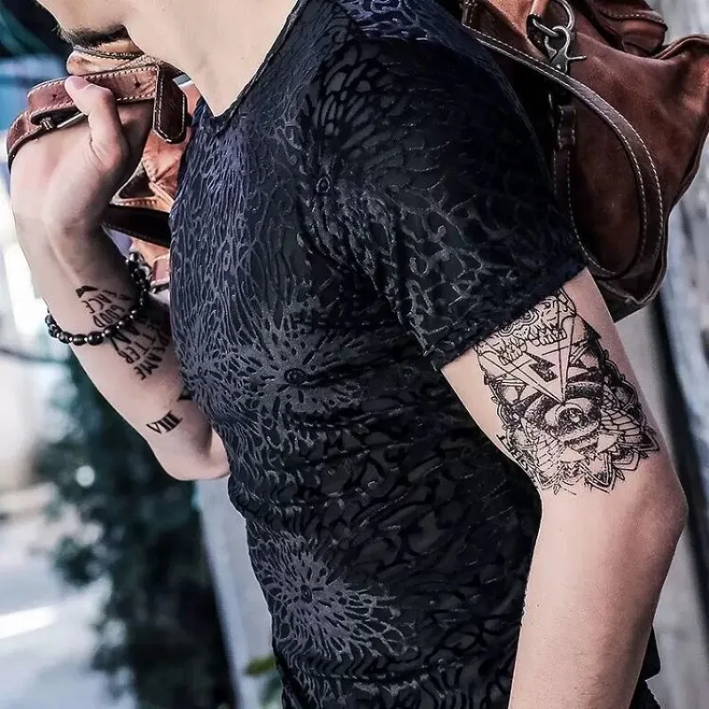 Summer 2024 Men\'s Pullover Round O-Neck Mesh Ice Silk Printed Slim Fit Comfortable and Versatile Casual Short Sleeve T-shirt Top