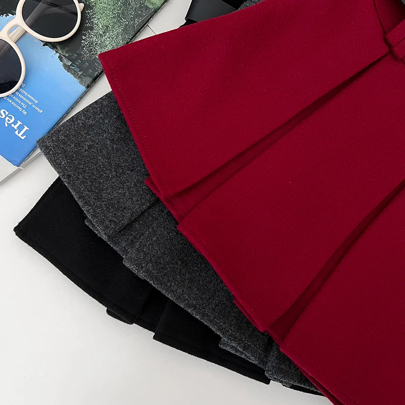 レッドウールプリーツショートスカート レディース 秋冬 ハイウエスト スリム 厚手 ハーフスカート 反射防止 Aラインスカート ベルト付き