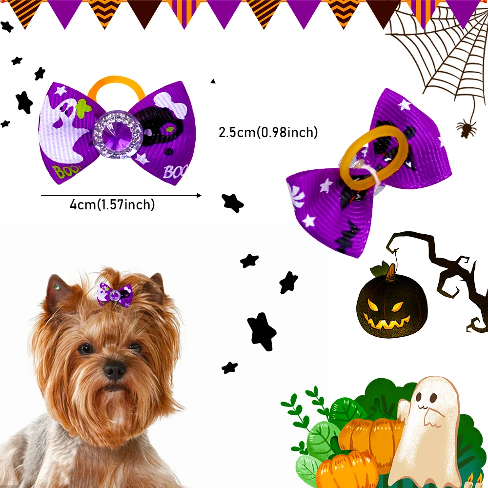 10pcs Halloween Pet Dog Hair Bows With Diomand Grooming Dog Bowknot Rubber Band Dog Bows For Puppy Party Holiday Pet Supplies