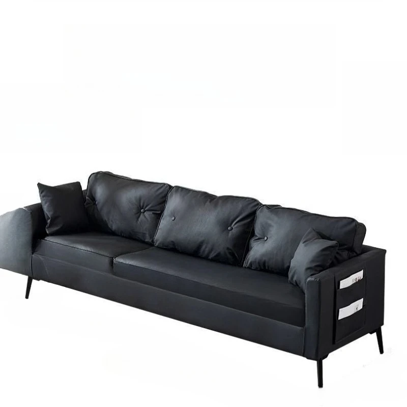 Small apartment rental sofa, office clothing store rest area reception, double three black leather sofa