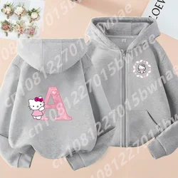 New 2024 Hello Kitty Zipper Hoodie, 26 English Letters, Kawaii Harajuku Pattern, Fashionable Sports Girl Top, Girl Sater Hoodie