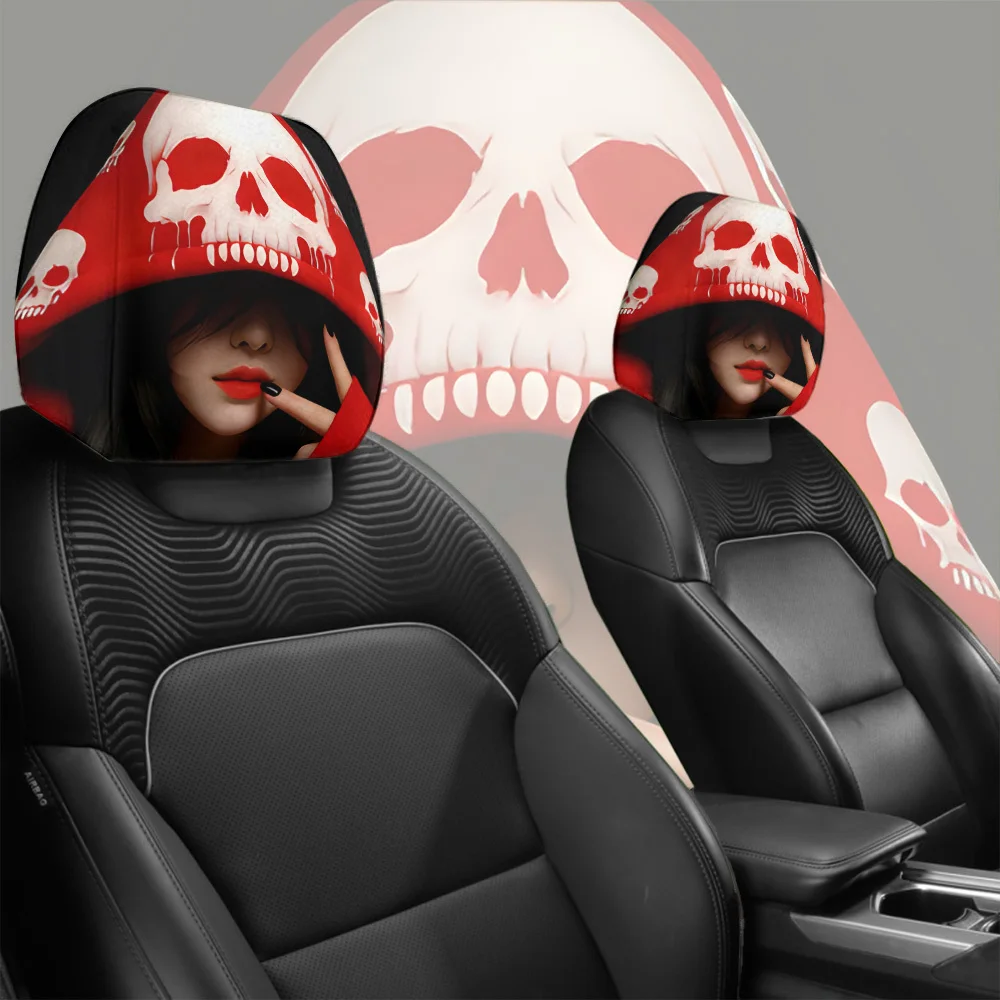 Skull Print Headrest Cover, 2-Piece Set, Christmas & Halloween Fun Car Decor, Universal Car Headrest Cover