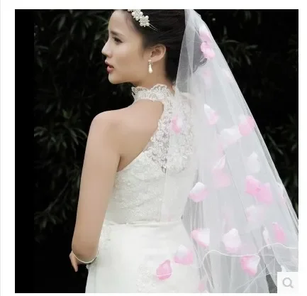 Véu de noiva renda noiva branco longo véu de casamento mantilla acessórios de casamento veu de noiva com renda rosa flores véus