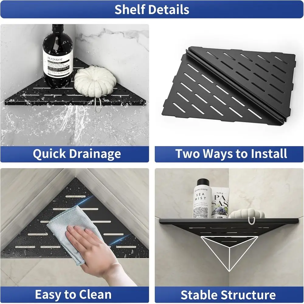 10 Matte Black 304 Stainless Steel Corner Shower Shelf, Recessed Slot Design, Tiled Wall Mount, 2-Pack