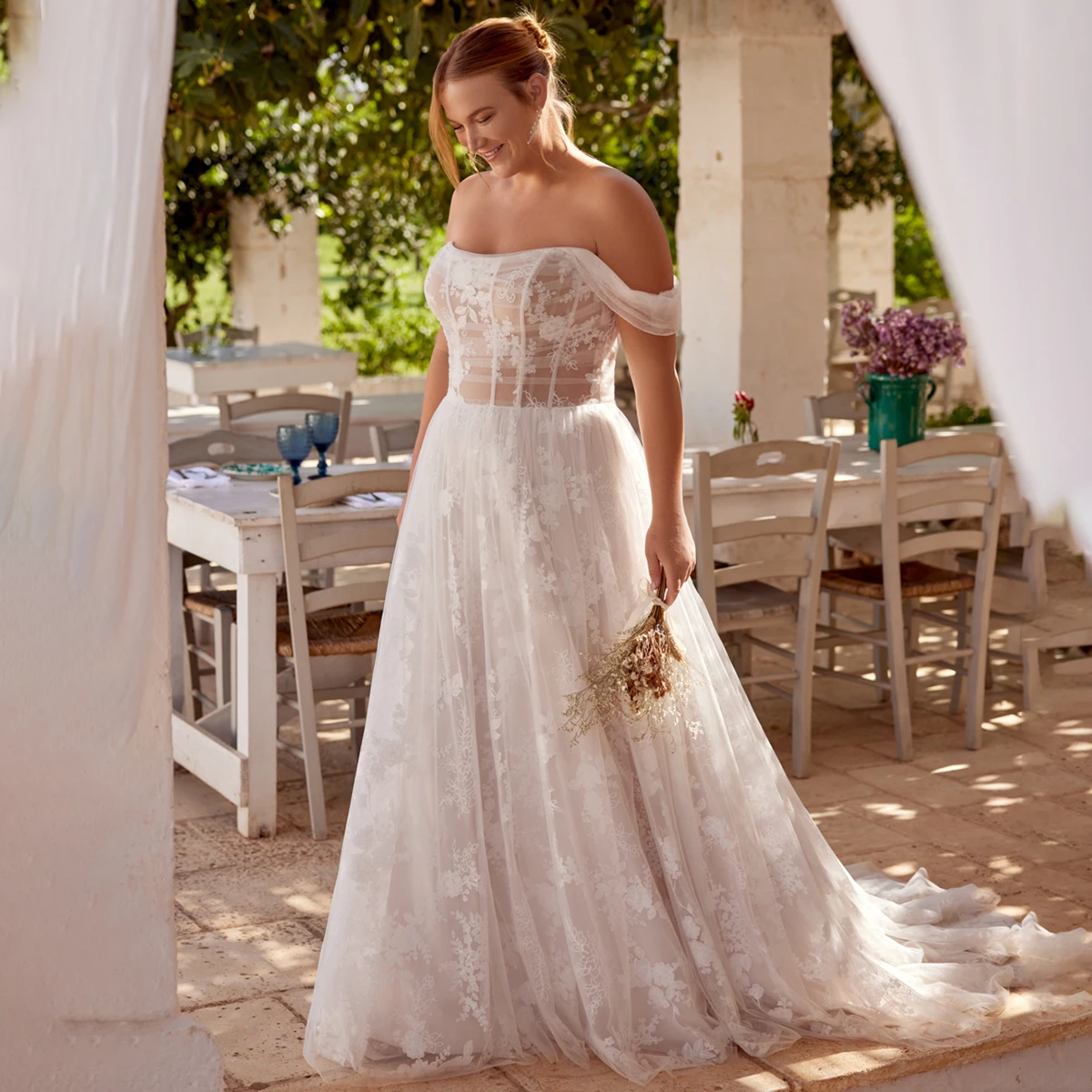 Sheer Lace Bodice A Line Boho Wedding Dress Customized Lightweight Classic Soft Tulle Boning Zipper Off Shoulder Bridal Gowns
