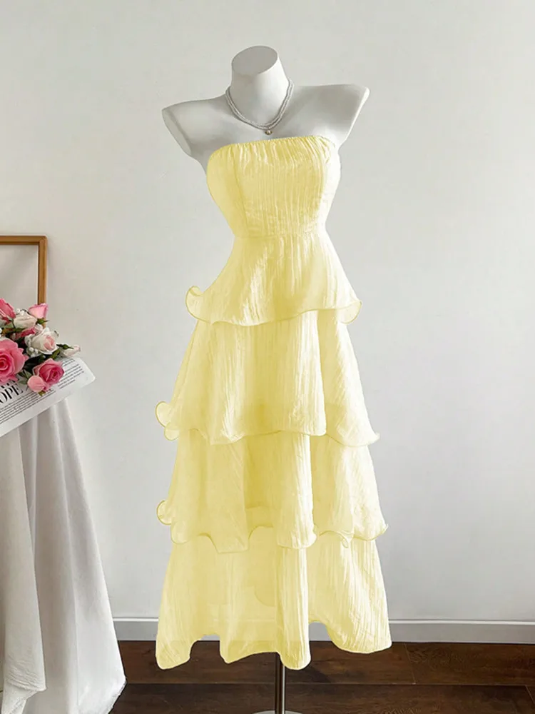 

SKMY Women Clothing 2026 New Summer Slimming Mid Length Cake Dress Fairy Strapless Solid Color Ruffles Dress Party Clubwear