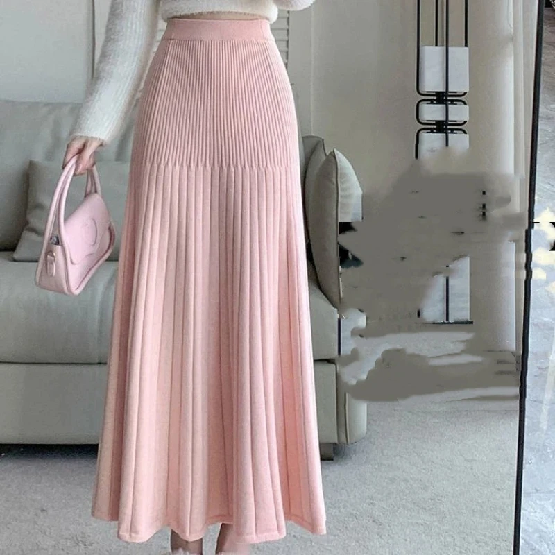 

Elegant Pleated Midi Skirt For Women Office Wear Slim Fit Solid Color High Stretch Knit Design