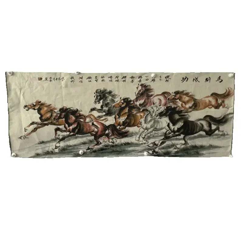 Chinese Old Color Brocade Embroidery Galloping Horse Painting 'Win Instant Success' Decorative Home Artwork Piece