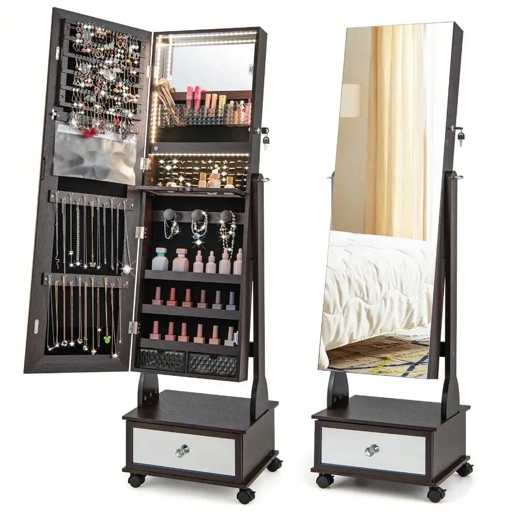 

Jewelry Cabinet Armoire Full-Length Mirror Lockable w/ 3-Color LED Lights Brown