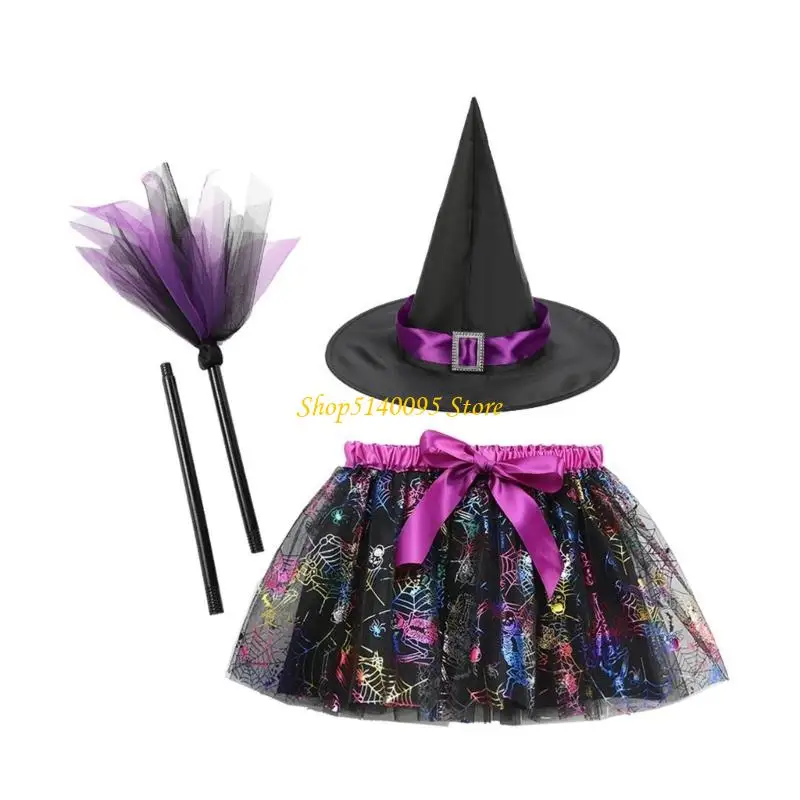 DXAE Children Witch Costume Set for Halloween, Layered Skirt with Hat and Broom Prop for School Shows and Party Use