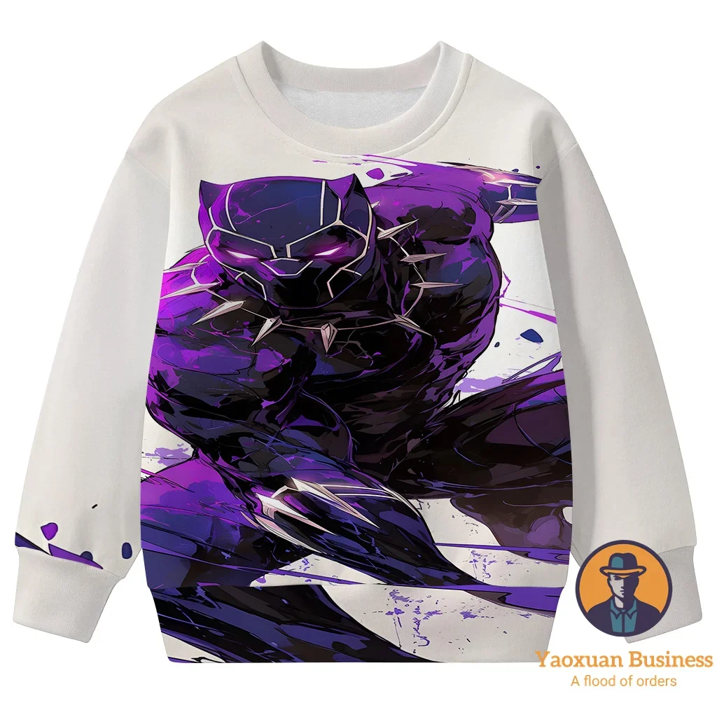 

2025 New Avengers Black Panther Girls Boys Children 3D Cartoon Print Crew Neck Sweatshirt Cute Warm Windproof Autumn Winter