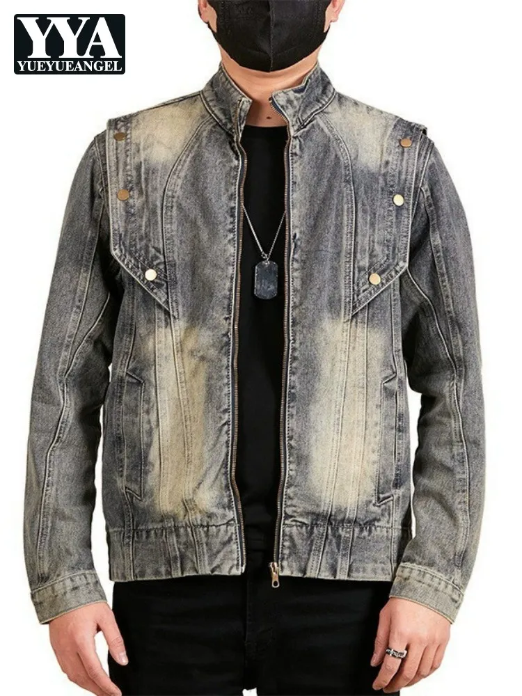 American Retro Men Denim Jacket Gradient Color Workwear Top Stand Collar Zipper Fashion Personality Jackets Hot Sale Autumn Coat
