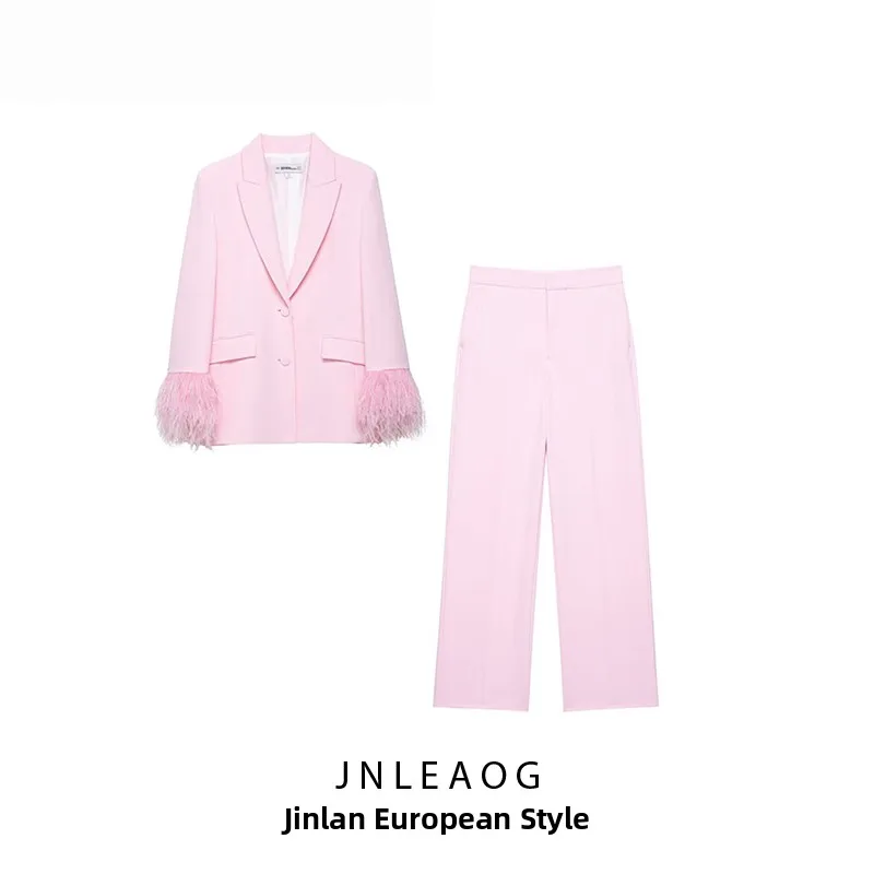 JNLEAOG Herfst Nieuwe vrouwen Faion Vilt Jas Sve Decoratieve Vogels Vlucht Broek Striaght Been Broek Casual Comfort Fit