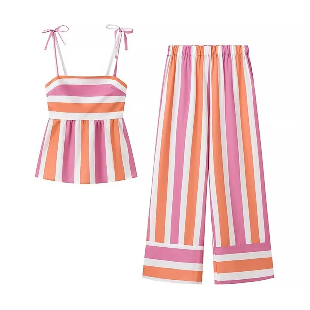 2024 ZAR4 Summer New Women\'s European and American Style Fashion Niche Striped Strap Straight Pants Set