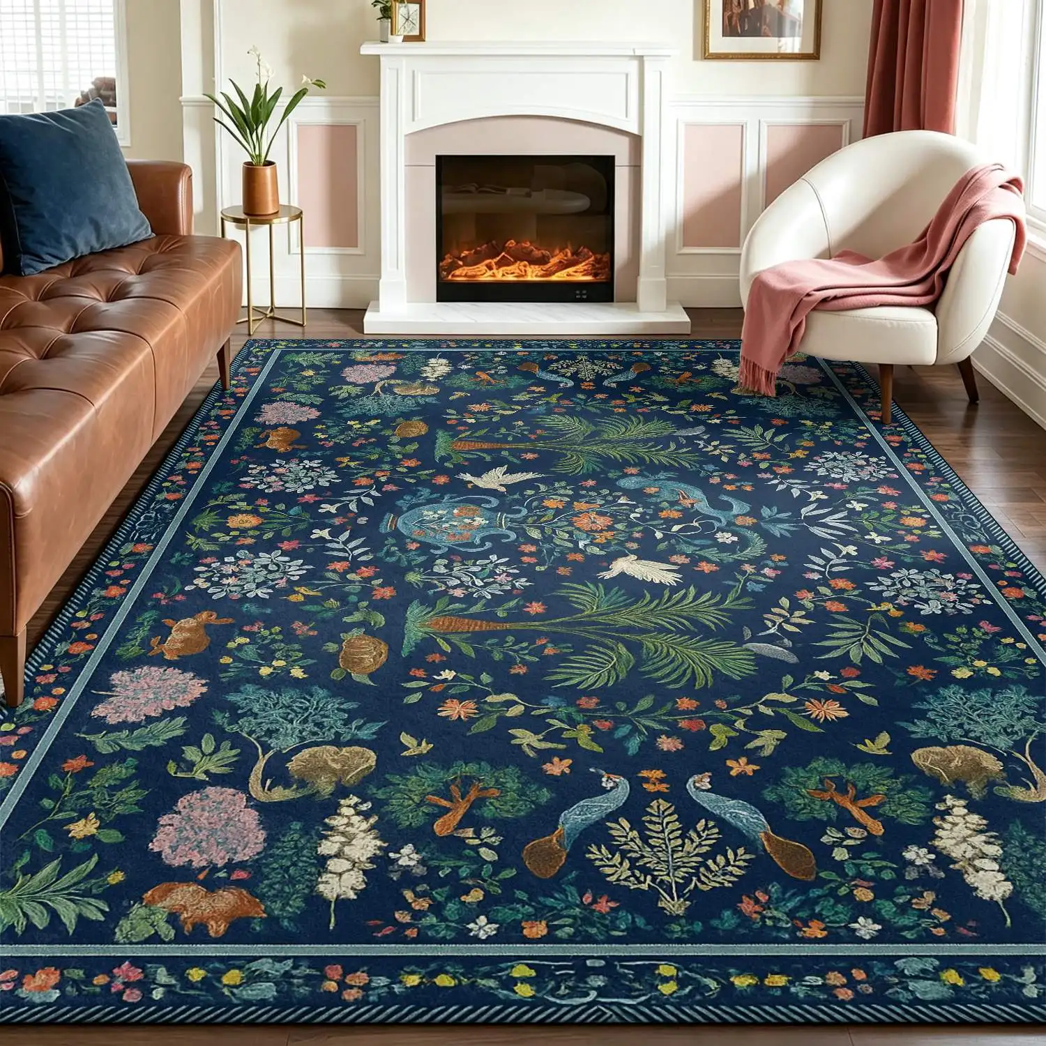1Pc 2D Printed Carpet: Deep Blue Floral & Bird-Plant Pattern, European/Bohemian/Vintage Style, Multi-Size, Machine Washable, Home Decor for Entrance, Dining, Foyer, Bedroom, Living Room