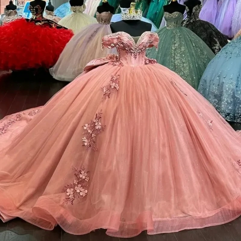 Saudi Arabic Real Photo Coral Party Pageant Dress V Neck Lace Applique Ball Gown Prom Wear 16 vestidos de 15 quinceañera 2024