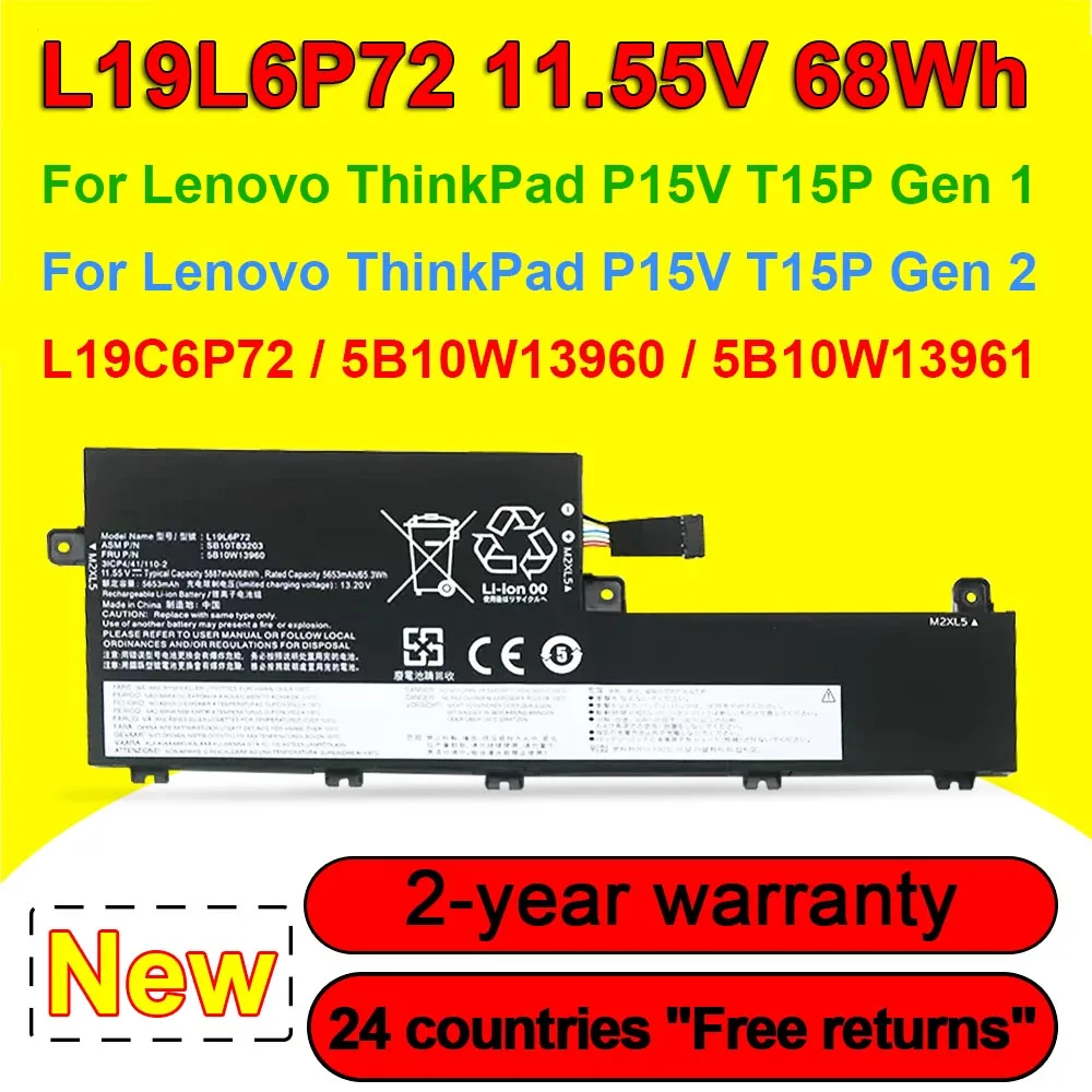 

L19L6P72 For Lenovo ThinkPad P15V T15P Gen 1/Gen 2 TP00119A L19C6P72 SB10T83203 5B10W13960 Laptop Battery 11.55V 68Wh 5887mAh