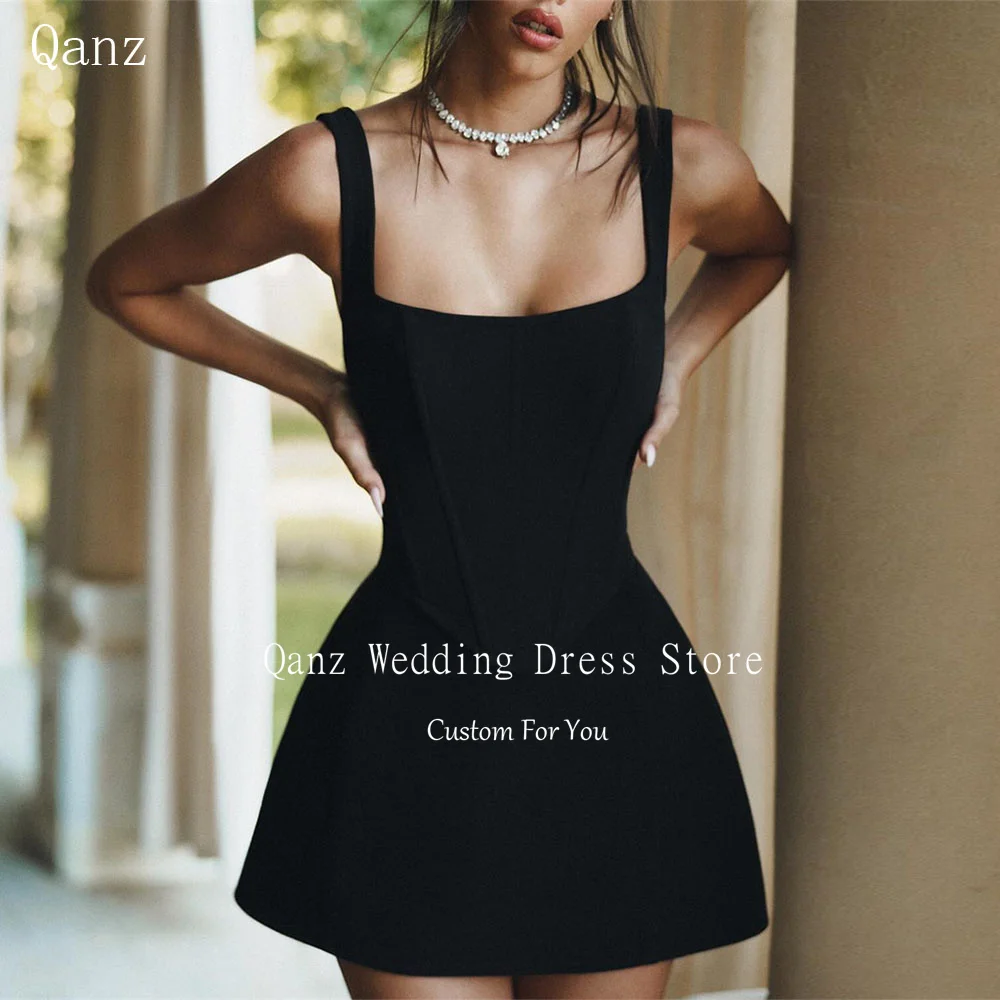 

Qanz Mini Black Prom Dresses Spaghetti Straps Above Knee Vestidos Fiesta De Lujo Corset Back Vestidos De Graduación Customized