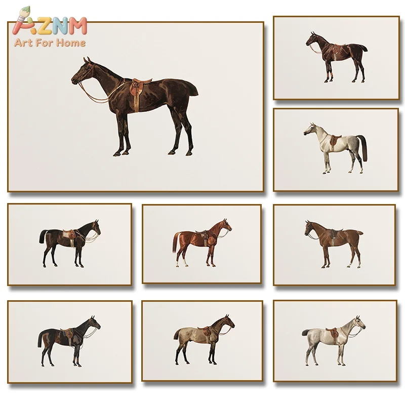 AZNM Vintage Equestrian Horse Canvas Wall Art Minimalist Saddled Horse Print Western Farmhouse Decor No Frame