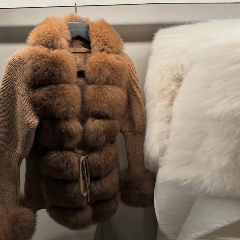 Elegant Faux Fur Patchwork Sweater Coat Women Lapel Furry Collar Slim Fit Knitted Lace-Up Cardigan 2025 New Autumn Lady Coats