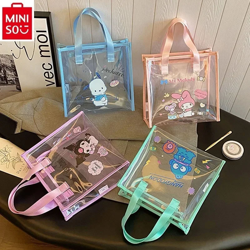 MINISO 2024 New Cartoon Kuromi Colored Transparent Waterproof Handbag for Students, Large Capacity Sweet and Versatile Beach Bag