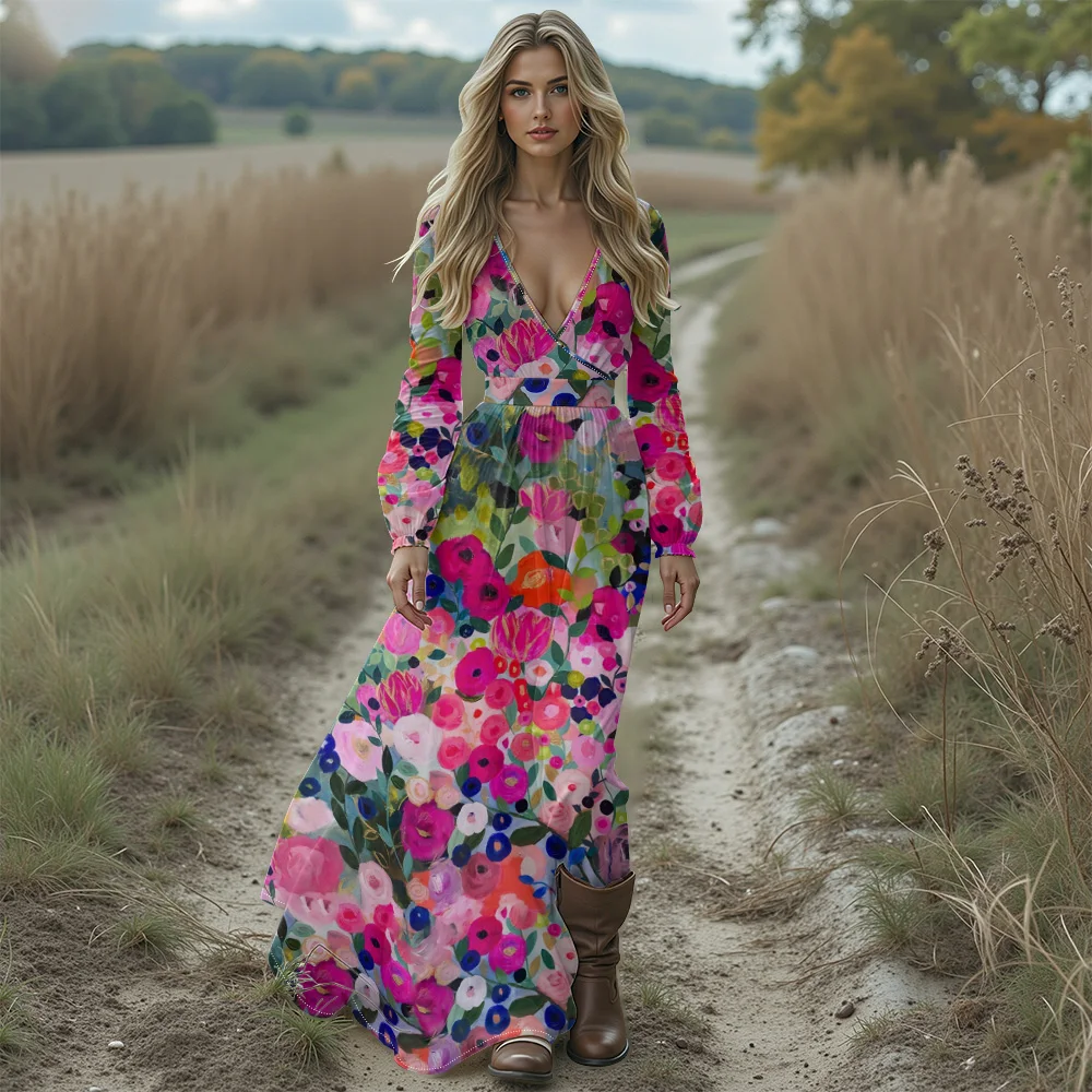 فستان بوهو شيك عميق على شكل حرف v مطبوع عليه زهور فستان ماكسي بأكمام طويلة وحاشية مكشكشة لقضاء العطلات فستان طويل مثير للخريف والشتاء #4