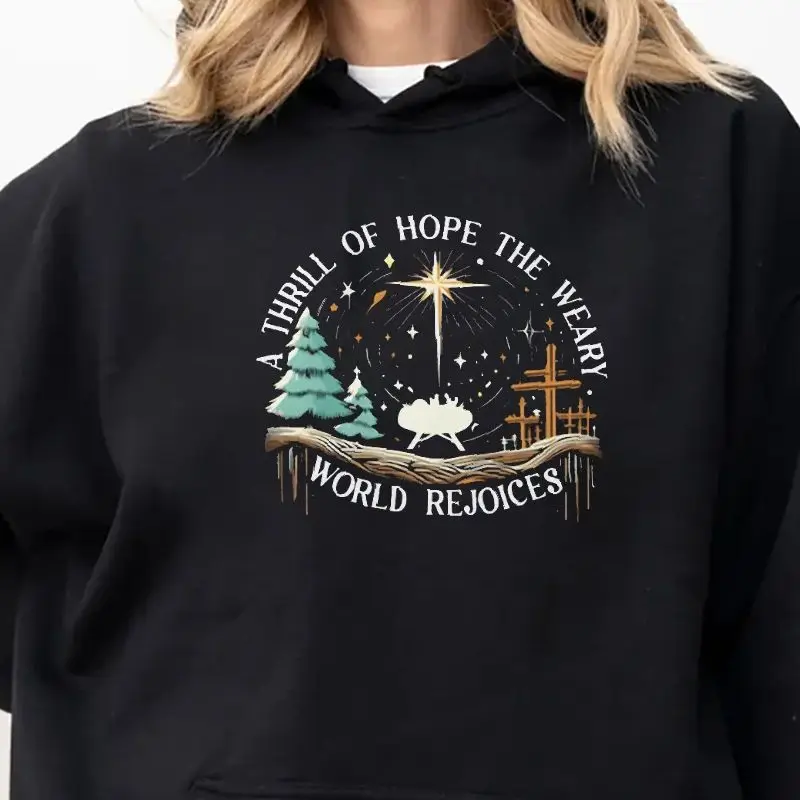 

Aesthetic Sweatshirt Long Sleeves Stylish Y2K Graphic Hoodies Crew Neck Unisex Casual Daily Wear Christmas Night World Rejoices