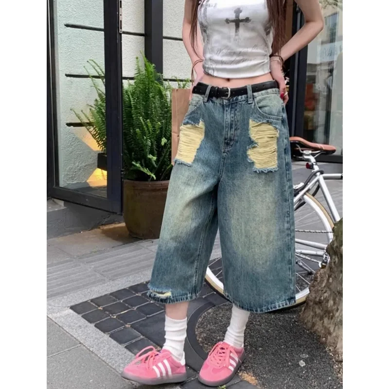 Women's Short Summer Hip Hop High Waist Jeans Y2K Straight Calf-Length Pants Trousers Streetwear Vintage Wide Leg Denim Shorts