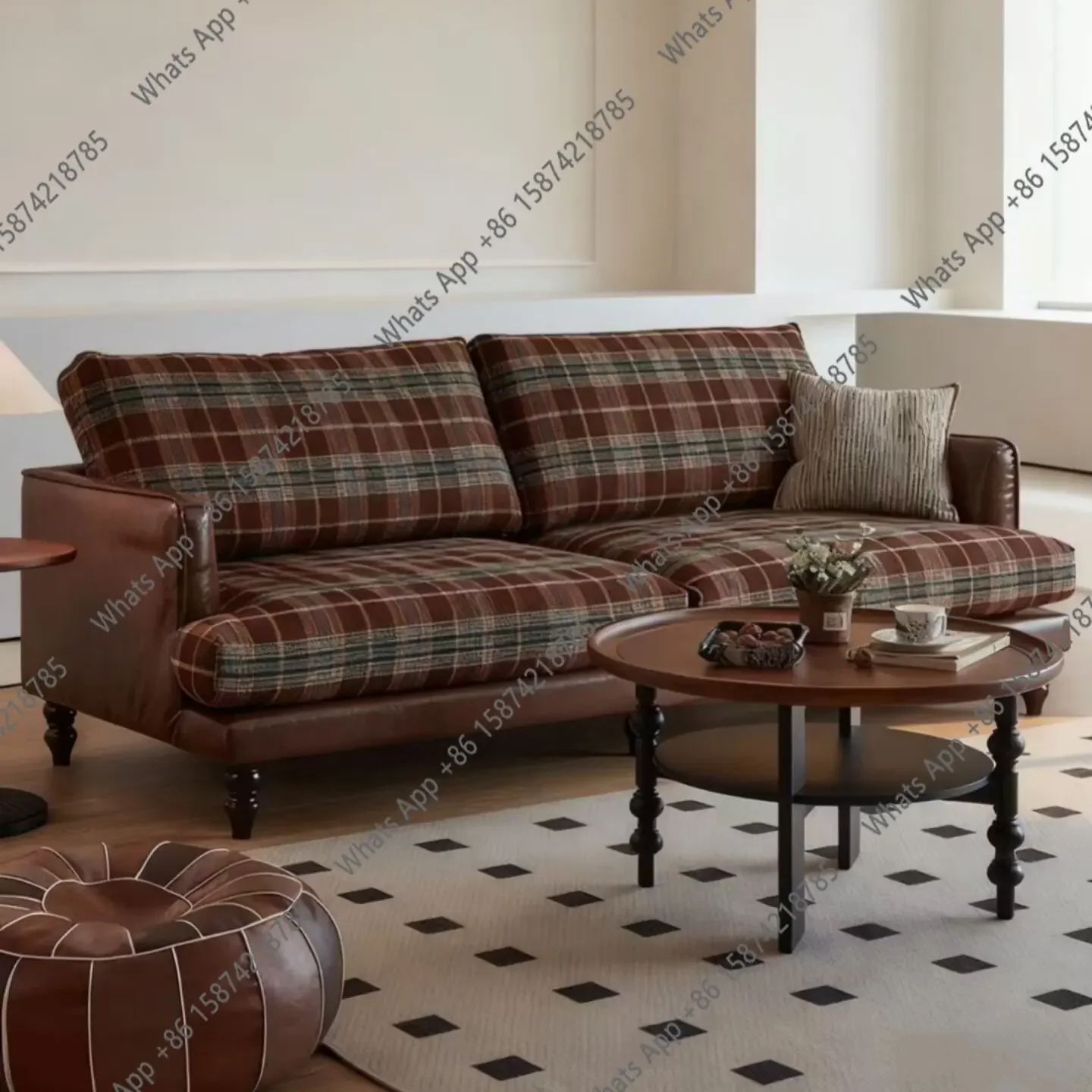 40 American Retro Plaid Fabric Sofa Fabric Antique French Three-person Leather Cloth B & B Can Be Dismantled And Washed