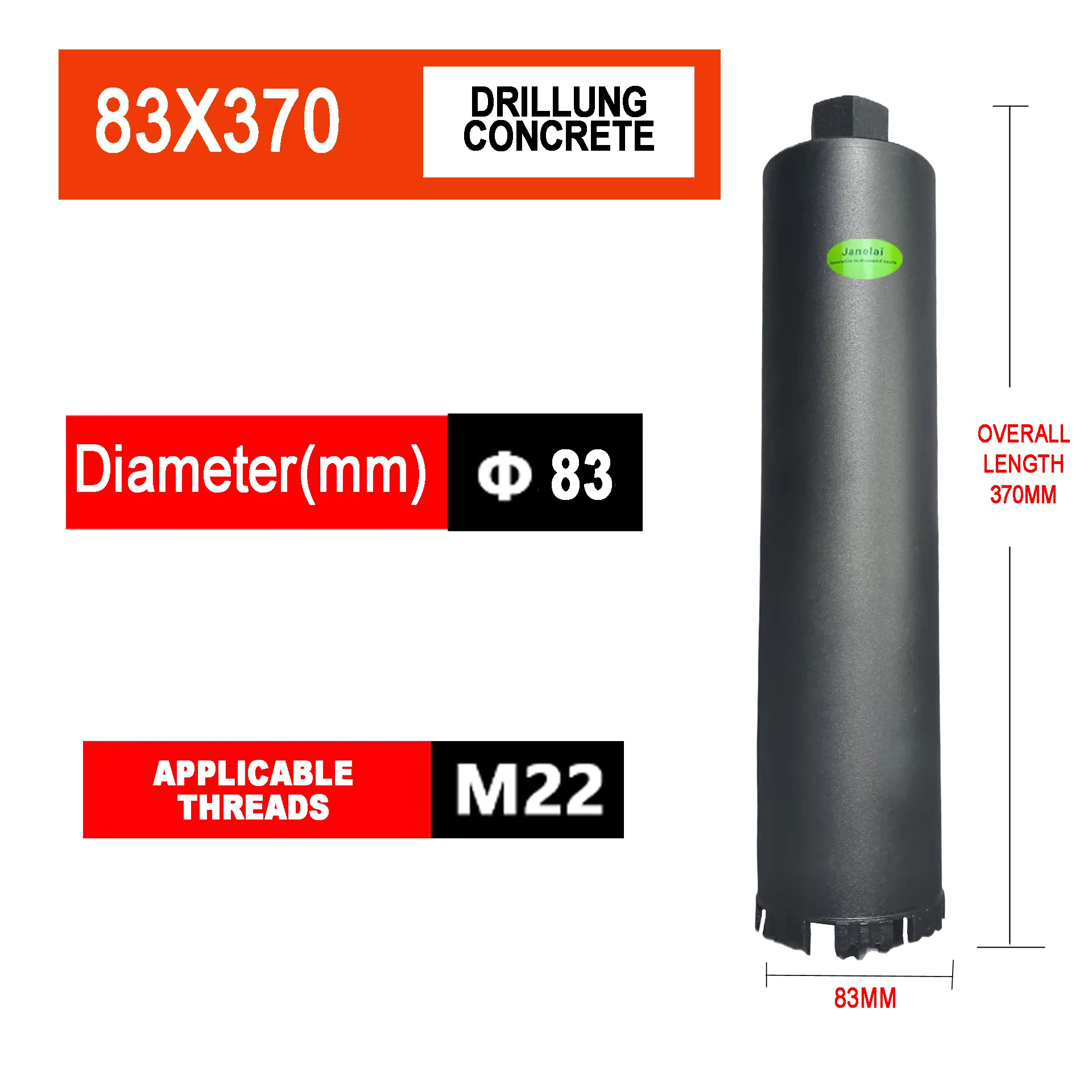 

Janelai Diameter Range 83x370mm Length Diamond Hole Saw Core Bit Deep hole drill For Drilling Holes On Concrete/Brick Wall