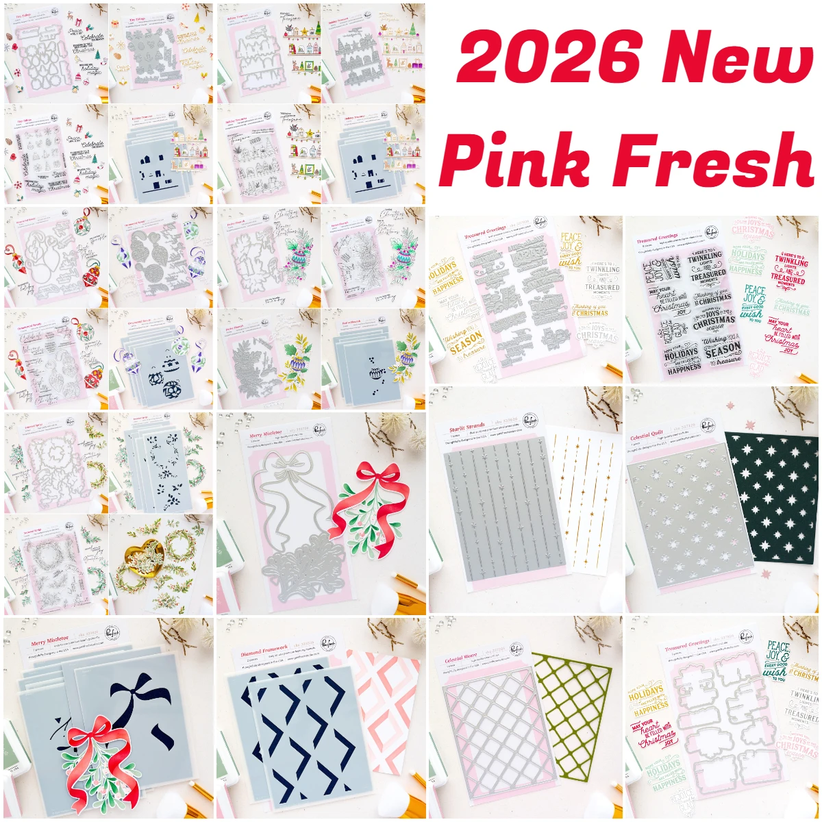 2026 Pink Fresh Merry Christmas Holiday Treasures Metal Cutting Dies Stamps Stencil Hot Foil Washi Scrapbooking DIY Decoration