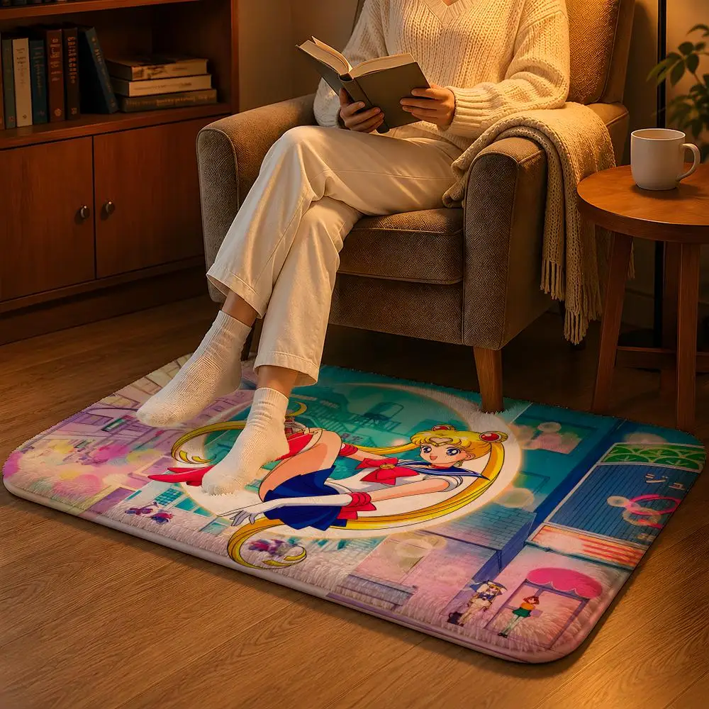 S-Sailor Moon Floor Mat Soft Flannel Non-Slip Rug Washable Floor Mat for Living Room Bedroom Home Decor