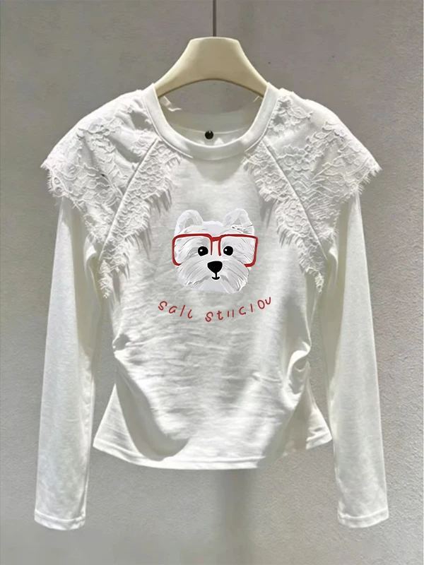 Pure Cotton Long Sleeve Lace Patchwork T-Shirt Women's Spring New Style Pleated Youthful Cotton Upper Body Trendy Commute Style